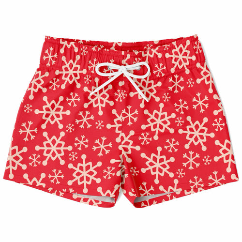 Boys red snowflake Christmas quick drying swim trunks with white pattern and matching drawstring waistband