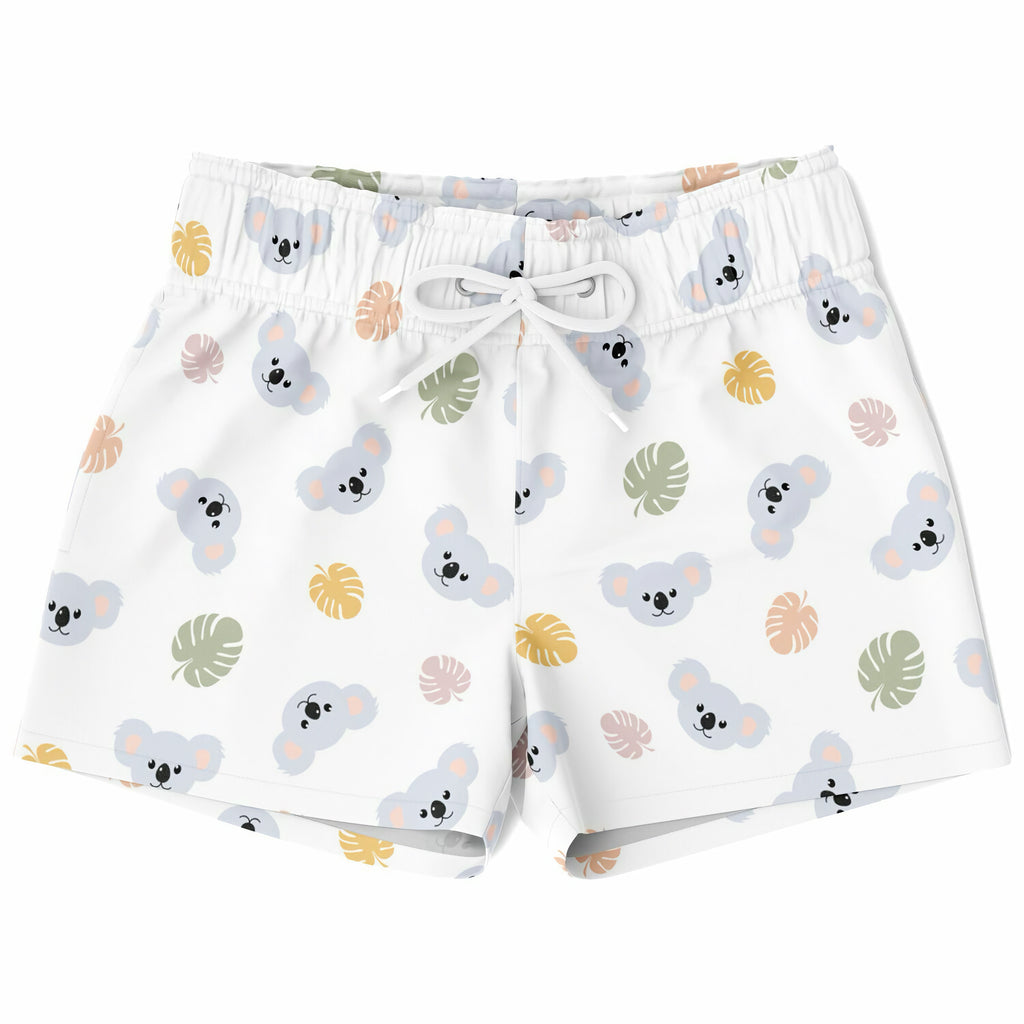 Boys koala bear quick drying swim trunks in white with gray koala and pastel tropical leaf pattern