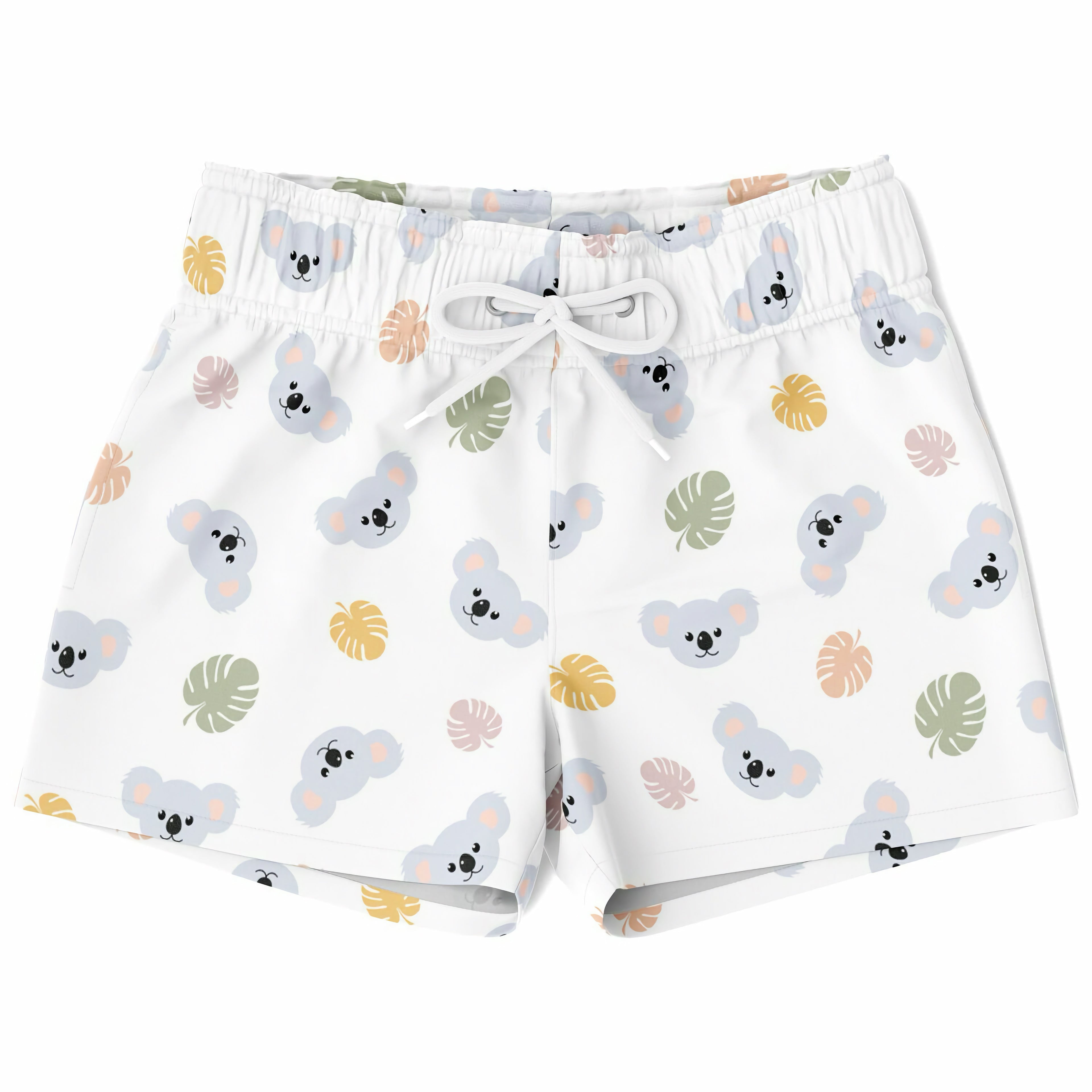 Boys koala bear quick drying swim trunks in white with gray koala and pastel tropical leaf pattern