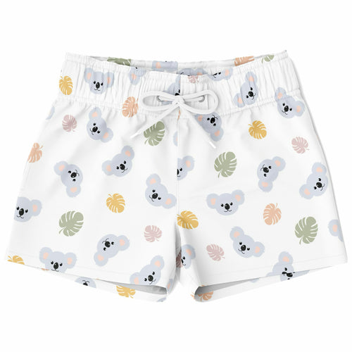 Boys koala bear quick drying swim trunks in white with gray koala and pastel tropical leaf pattern