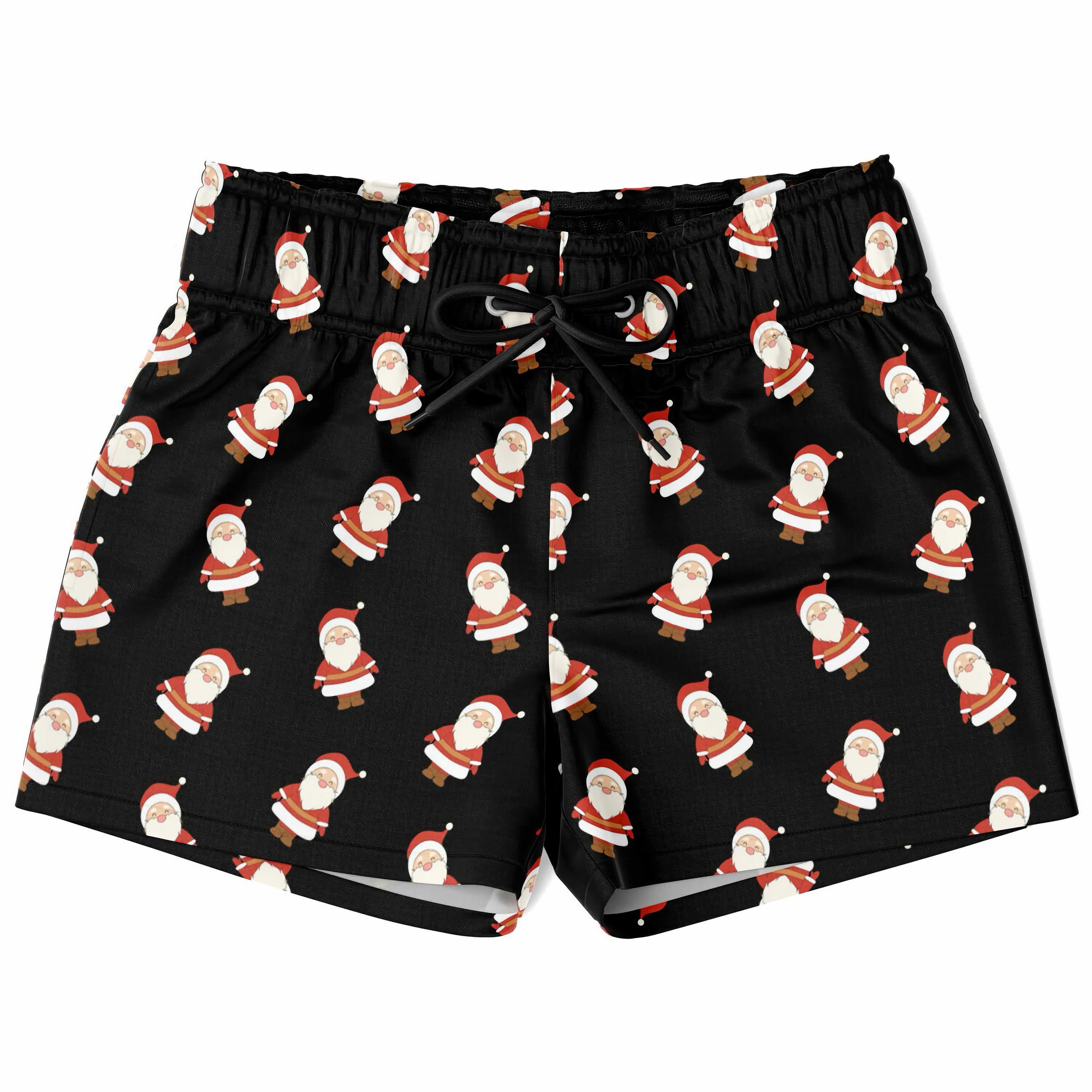 Boys santa claus christmas quick drying swim trunks in black with cartoon santa pattern for festive beachwear