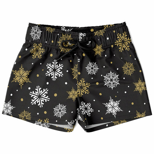 Boys gold snowflake christmas quick drying swim trunks in black with white and gold snowflake pattern and golden dots