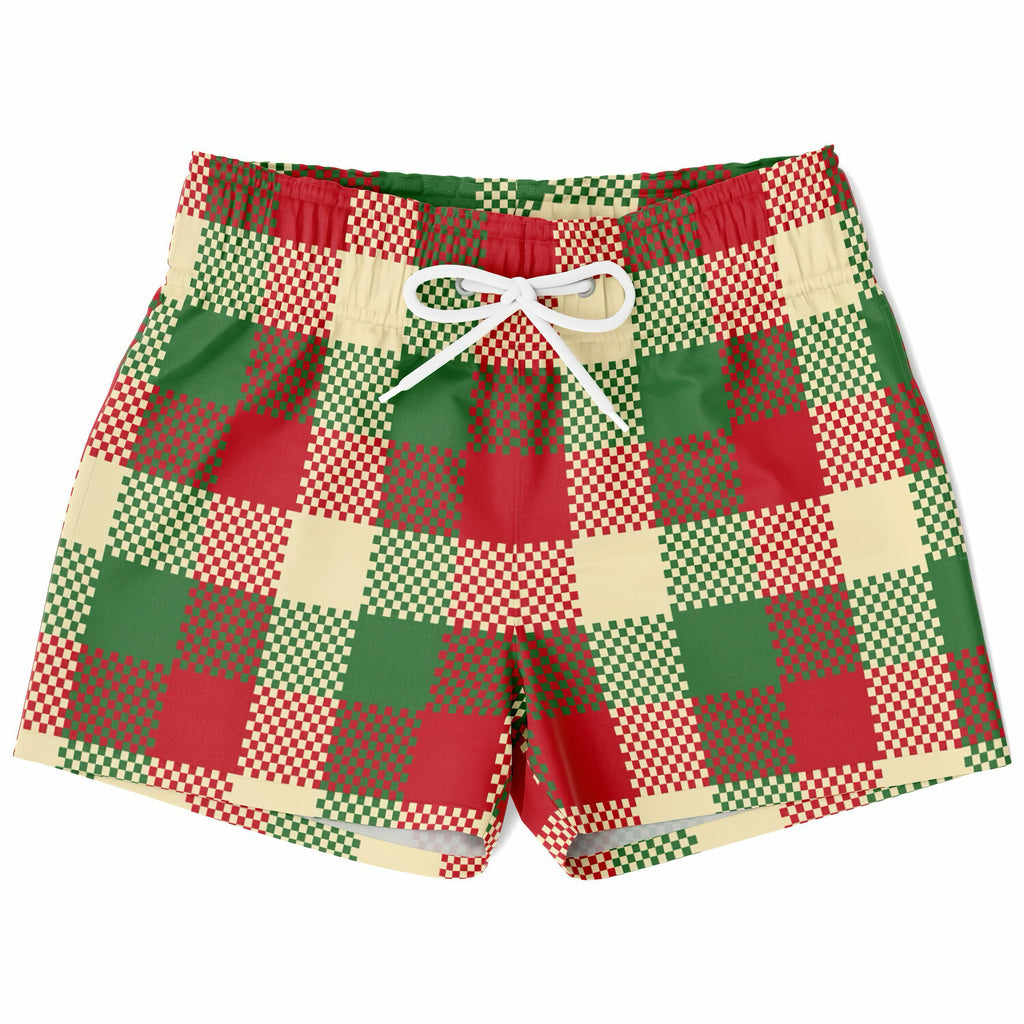 Boys plaid Christmas quick drying swim trunks in red green and cream with a white drawstring for summer wear