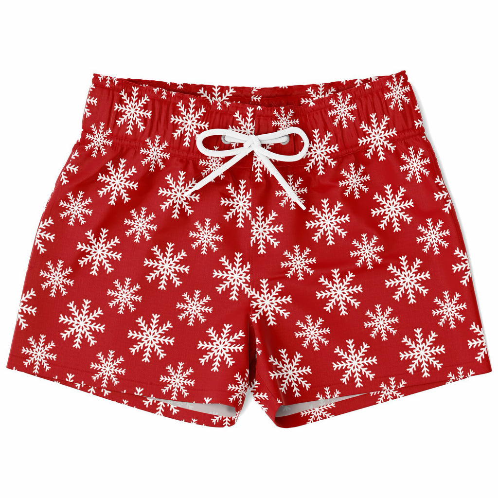 Boys red christmas snowflake quick drying swim trunks with white snowflake pattern and matching drawstring waistband