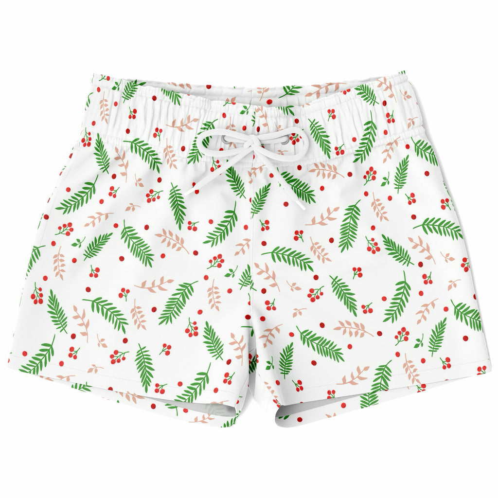 Boys holly berry christmas quick drying swim trunks in white with green fern pink leaf and red berry pattern