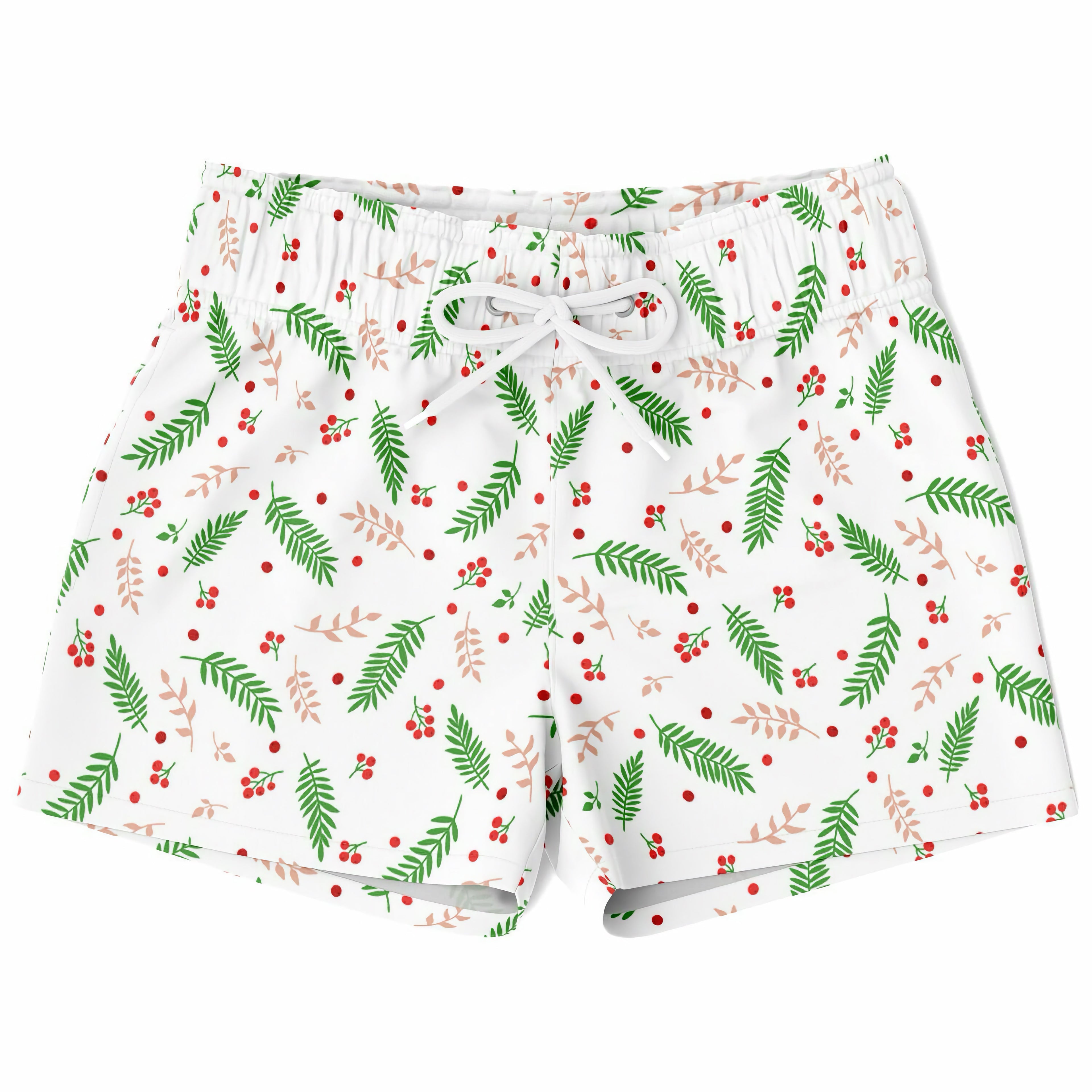 Boys holly berry christmas quick drying swim trunks in white with green fern pink leaf and red berry pattern