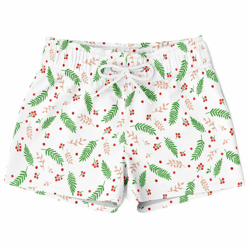 Boys holly berry christmas quick drying swim trunks in white with green fern pink leaf and red berry pattern