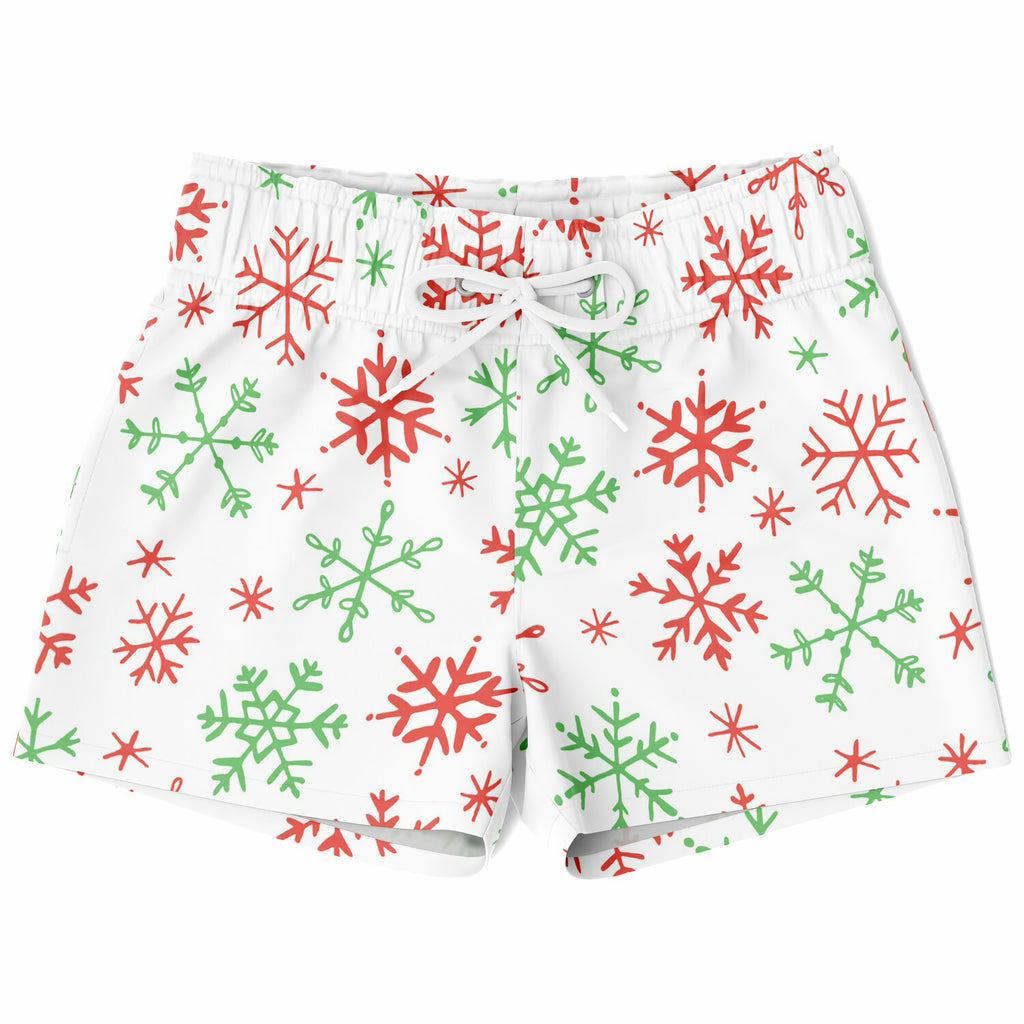 White boys quick drying swim trunks with red and green snowflake pattern for christmas beachwear
