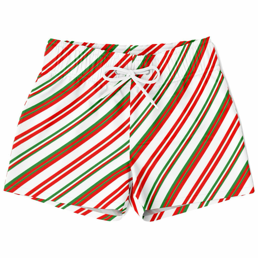 Boys candy cane stripes quick drying swim trunks with red green and white diagonal striped drawstring waistband
