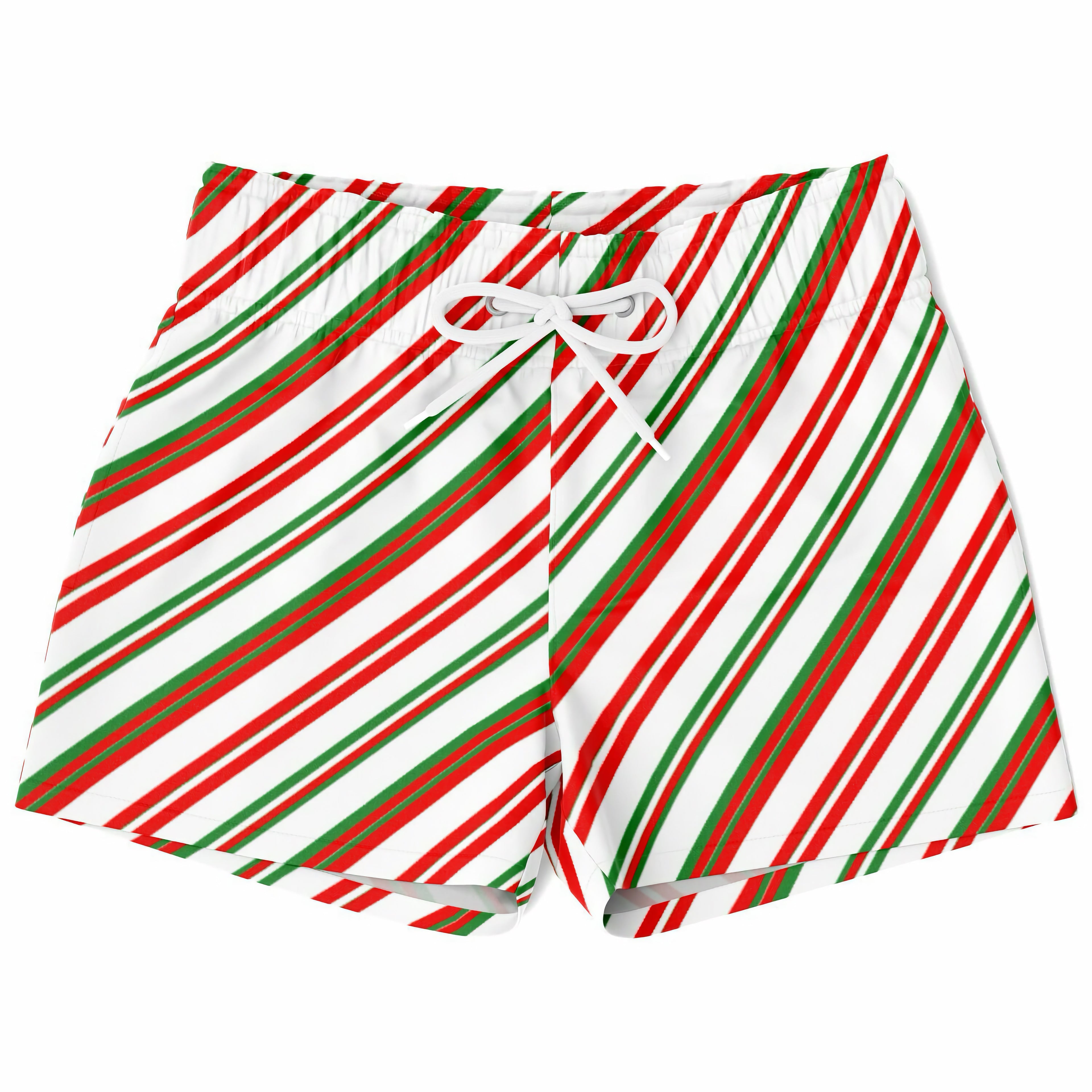 Boys candy cane stripes quick drying swim trunks with red green and white diagonal striped drawstring waistband