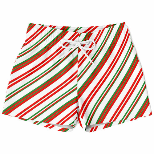 Boys candy cane stripes quick drying swim trunks with red green and white diagonal striped drawstring waistband