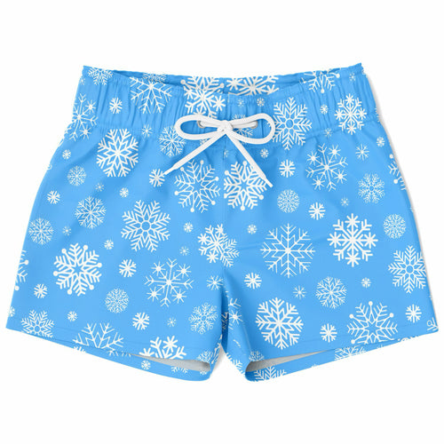 Boys blue snowflake christmas quick drying swim trunks with light blue fabric and white snowflake pattern and drawstring waistband