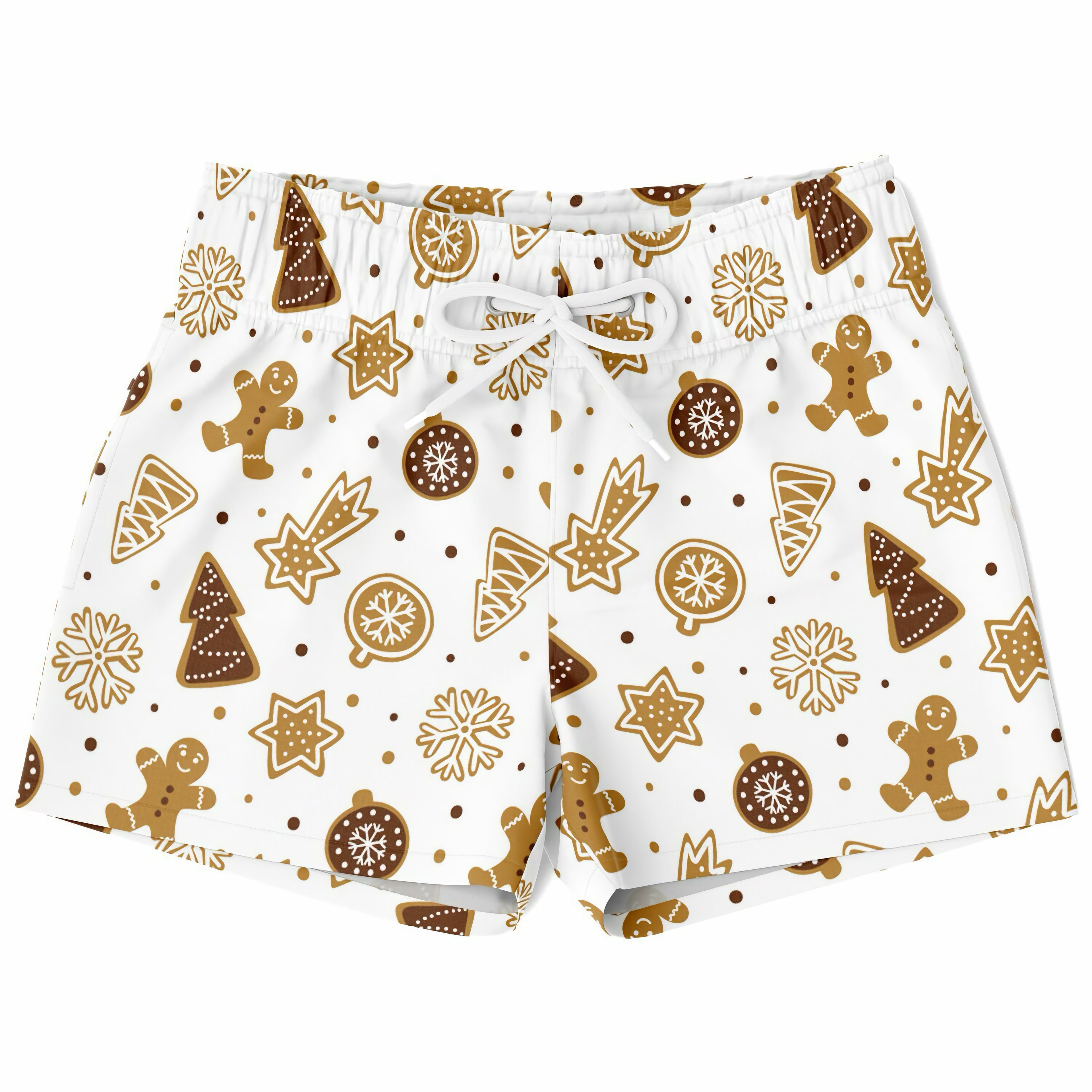 White boys gingerbread cookies christmas quick drying swim trunks with festive brown cookie star and snowflake pattern