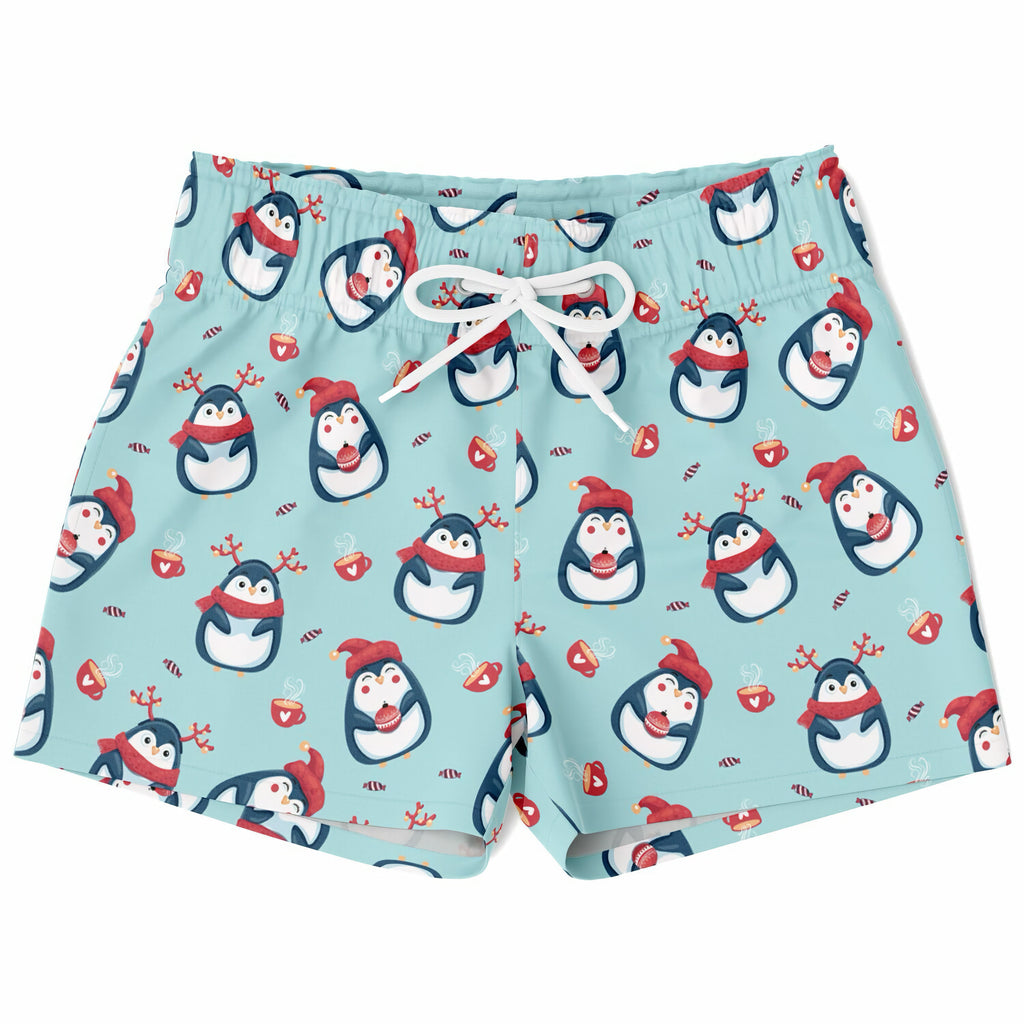 Light blue boys reindeer penguin christmas quick drying swim trunks with cartoon penguins red hats scarves and coffee cups