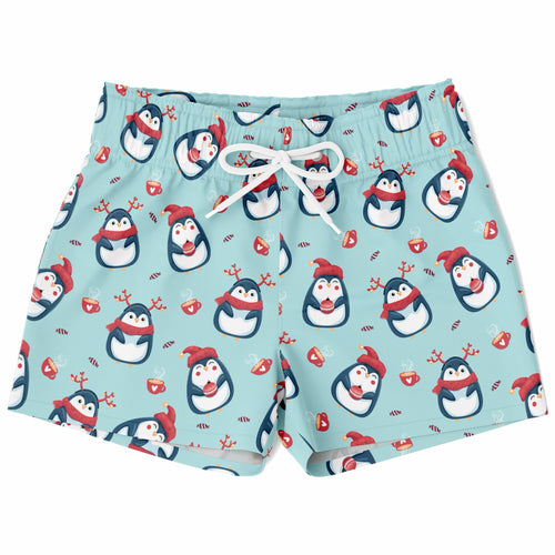 Light blue boys reindeer penguin christmas quick drying swim trunks with cartoon penguins red hats scarves and coffee cups