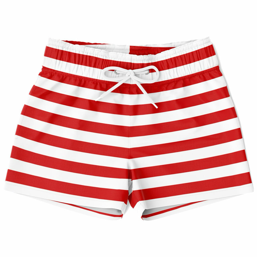 Boys red and white Christmas striped quick drying swim trunks with a white drawstring waistband