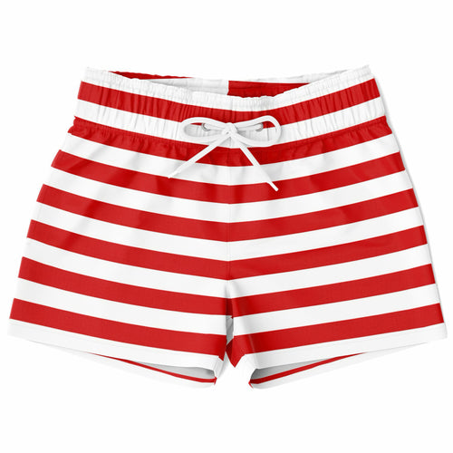 Boys red and white Christmas striped quick drying swim trunks with a white drawstring waistband