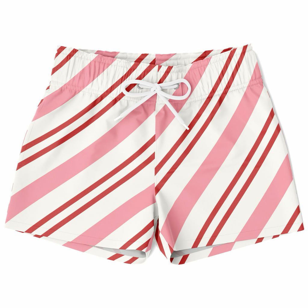 Boys pink candy cane christmas quick drying swim trunks with pink and white diagonal stripes and red accents