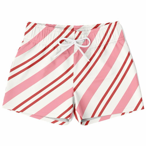 Boys pink candy cane christmas quick drying swim trunks with pink and white diagonal stripes and red accents