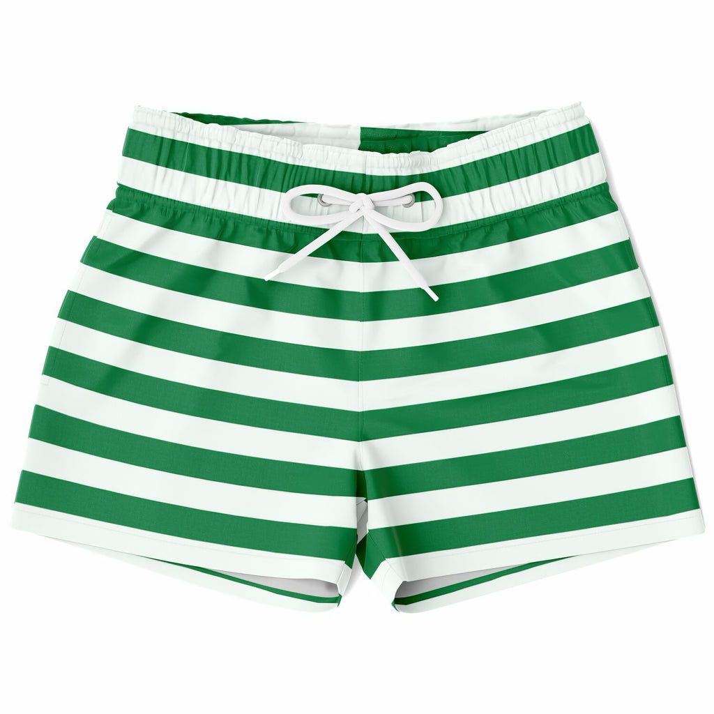 Boys green and white Christmas striped quick drying swim trunks with white drawstring waistband and horizontal stripes
