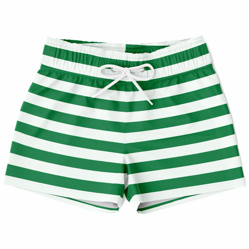 Boys green and white Christmas striped quick drying swim trunks with white drawstring waistband and horizontal stripes
