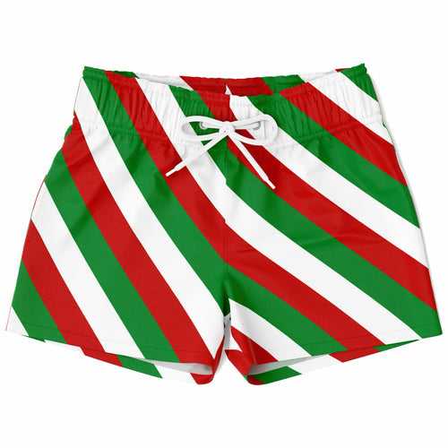 Boys festive candy cane stripe quick drying swim trunks with red green and white diagonal stripes and white drawstring waistband