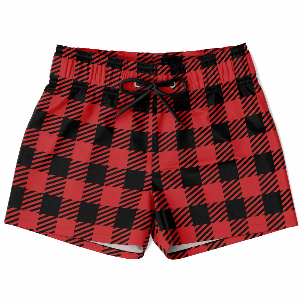Boys red buffalo plaid quick drying swim trunks with drawstring waistband for Christmas beachwear