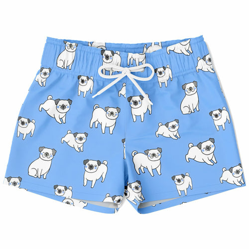 Boys blue pug quick drying swim trunks in light blue with a playful white cartoon pug print for swimming fun