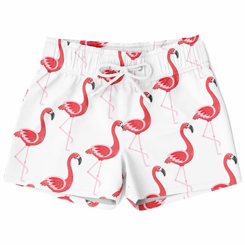 Boys pink flamingo quick drying swim trunks white shorts with vibrant pink flamingo pattern for swimming