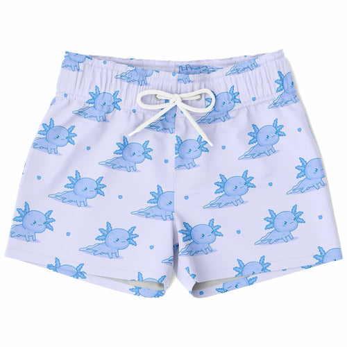 Boys blue axolotl quick drying swim trunks in light purple with playful blue axolotl pattern and small dots