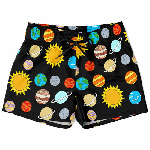 Black boys solar system quick drying swim trunks with vibrant cartoon planets and suns in bright colors