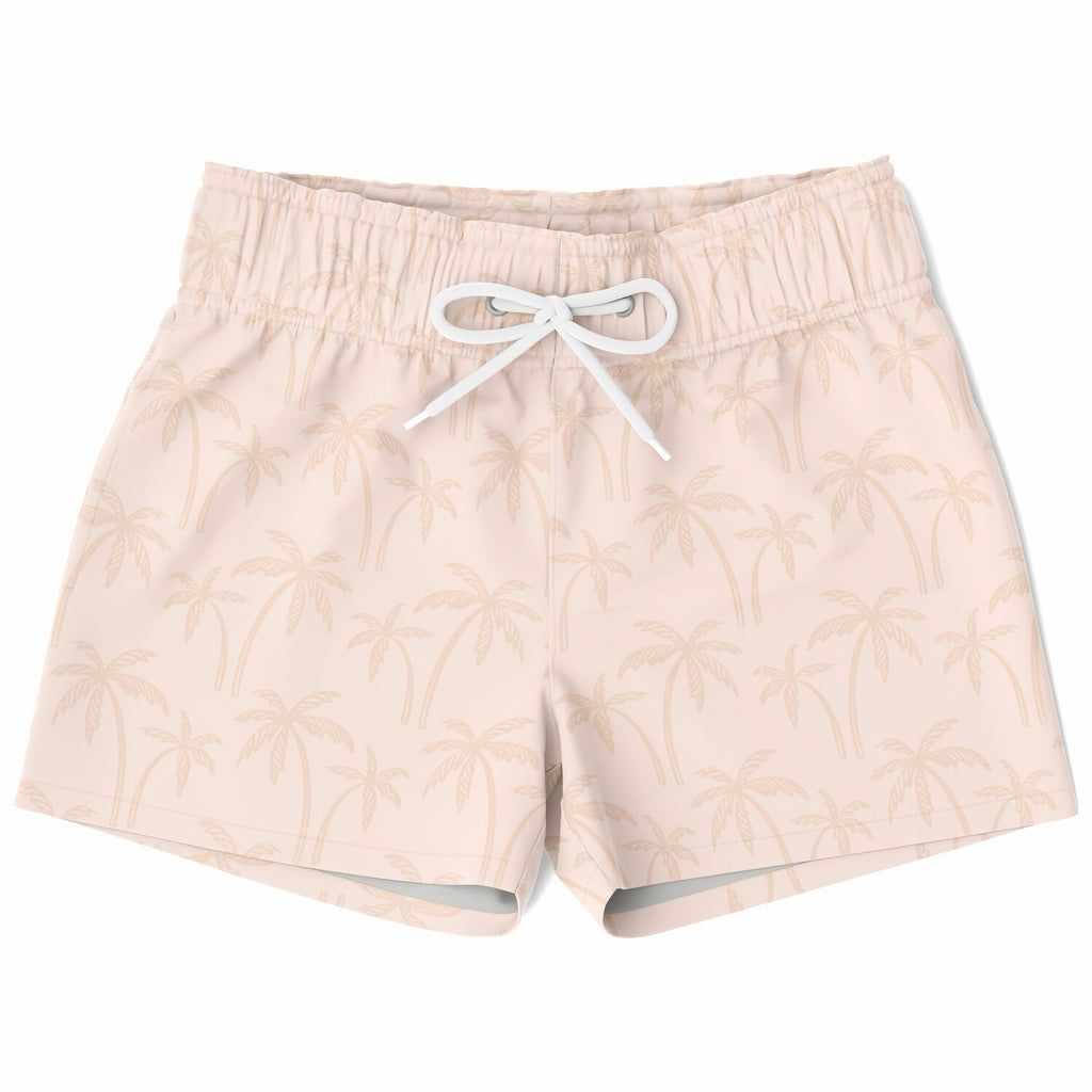 Boys light peach palm tree quick drying swim trunks with beige palm tree print and white drawstring waistband