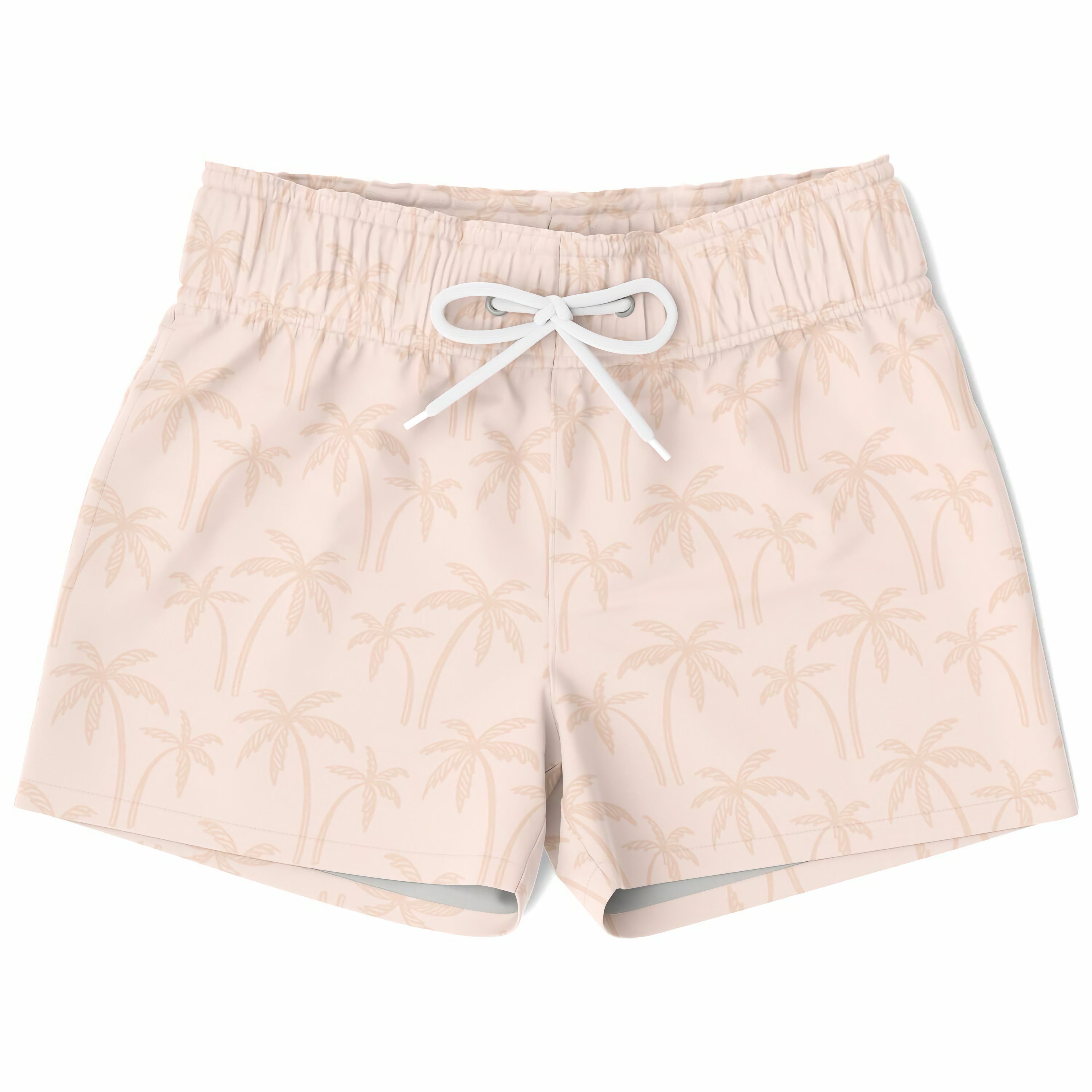 Boys light peach palm tree quick drying swim trunks with beige palm tree print and white drawstring waistband