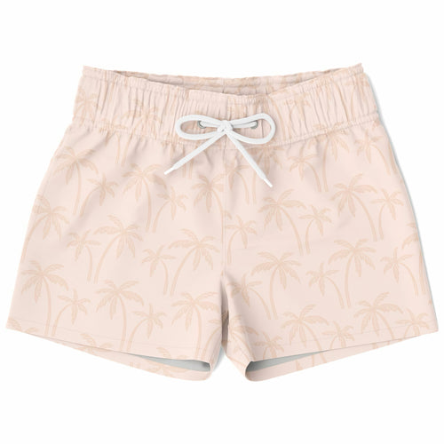 Boys light peach palm tree quick drying swim trunks with beige palm tree print and white drawstring waistband