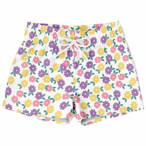 Boys colorful flower print quick drying swim trunks with white base and purple pink yellow floral pattern with green leaves