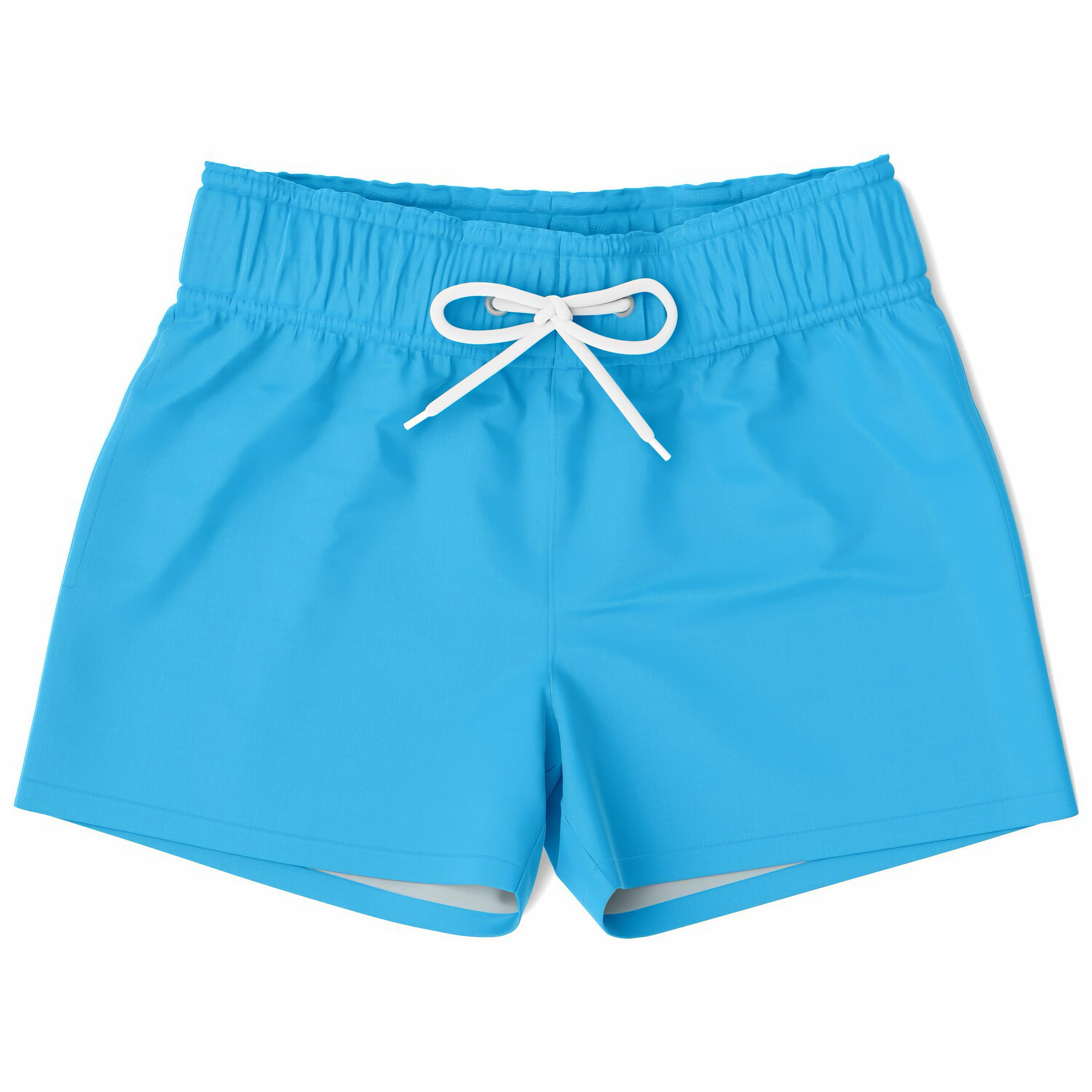 Boys sky blue quick drying swim trunks with bright blue fabric and white drawstring waistband for swimming