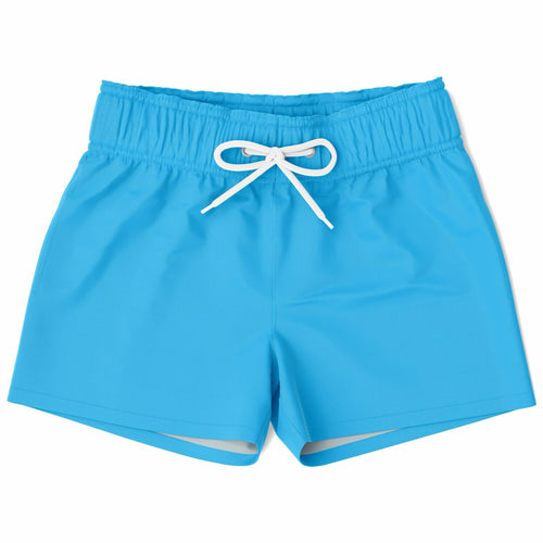 Boys sky blue quick drying swim trunks with bright blue fabric and white drawstring waistband for swimming