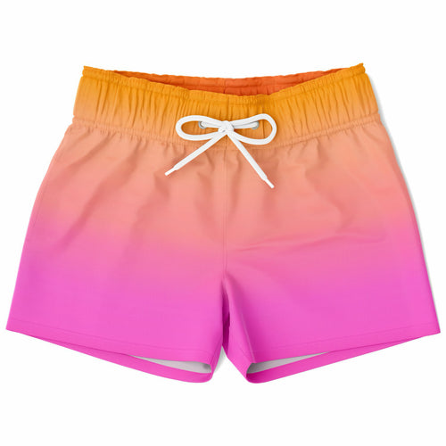 Boys sunset ombre quick drying swim trunks with vibrant orange to pink gradient and white drawstring ties