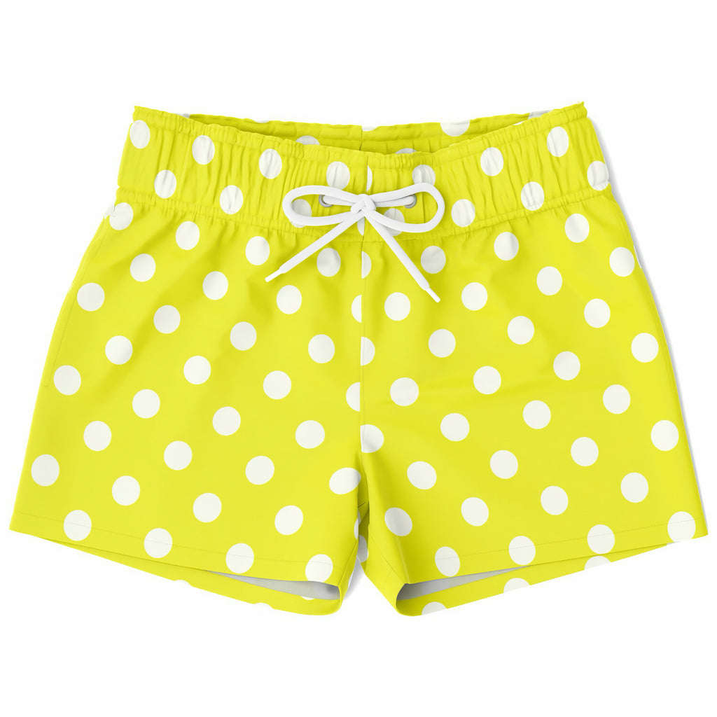 Boys yellow quick drying swim trunks with white polka dots and matching drawstring waistband
