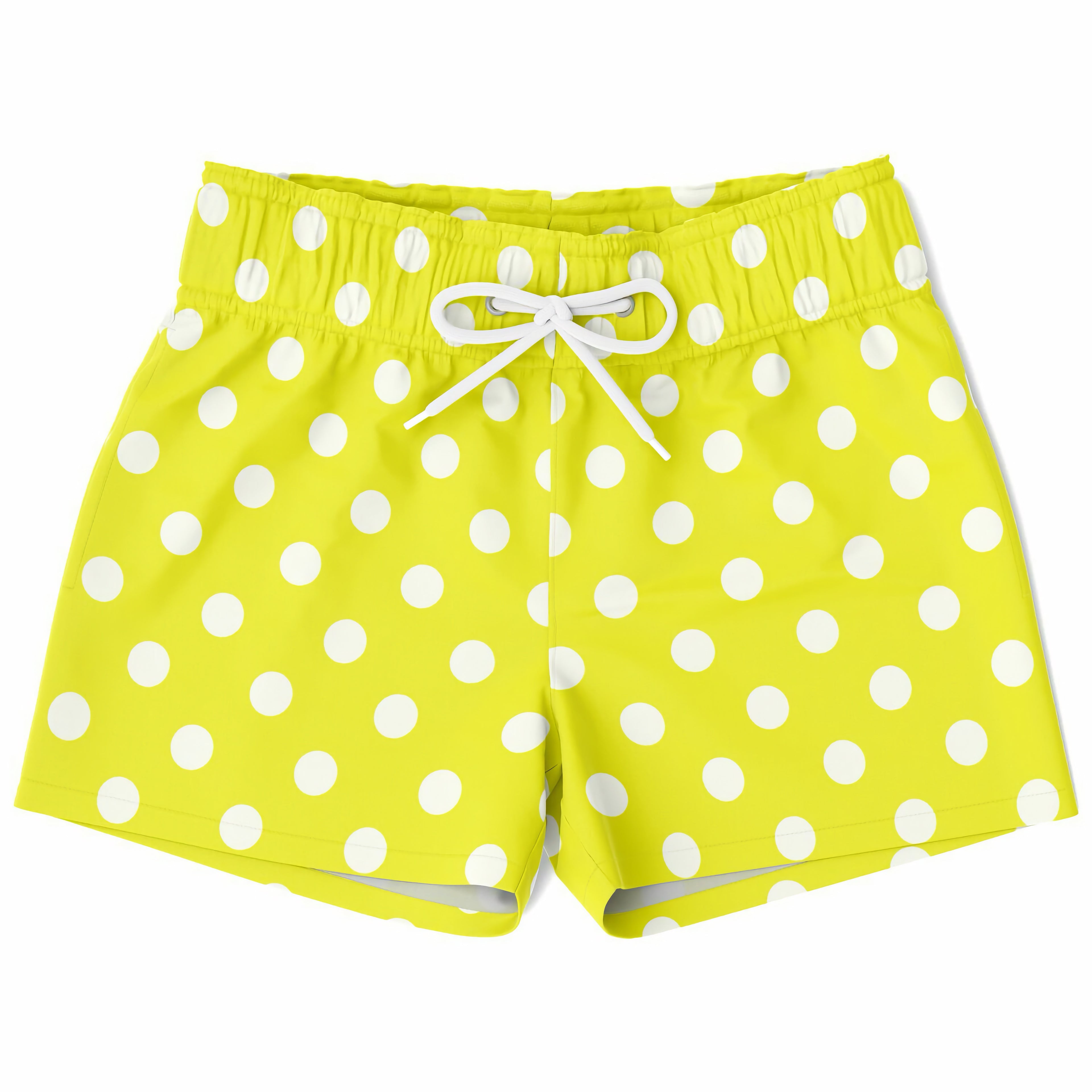 Boys yellow quick drying swim trunks with white polka dots and matching drawstring waistband