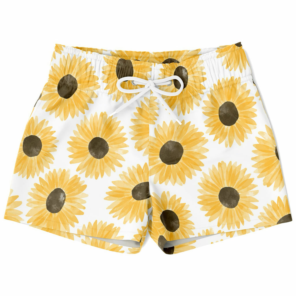 Boys doodle sunflower quick drying swim trunks white with vibrant yellow sunflower pattern and white drawstring waistband