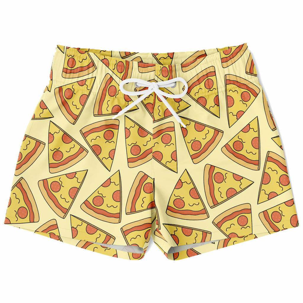 Boys yellow quick drying swim trunks with playful cartoon pizza slice pattern and white drawstring accents