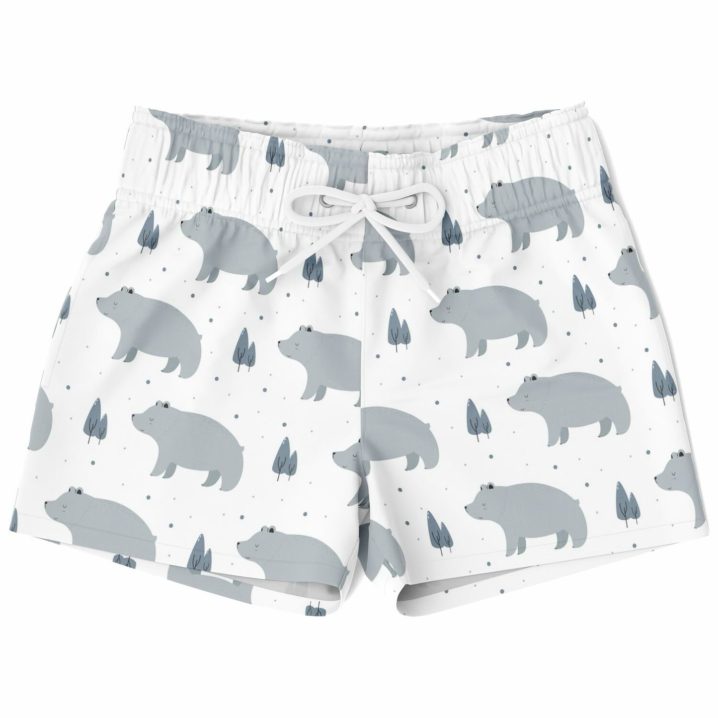 Swim shorts with bear pattern on a white background