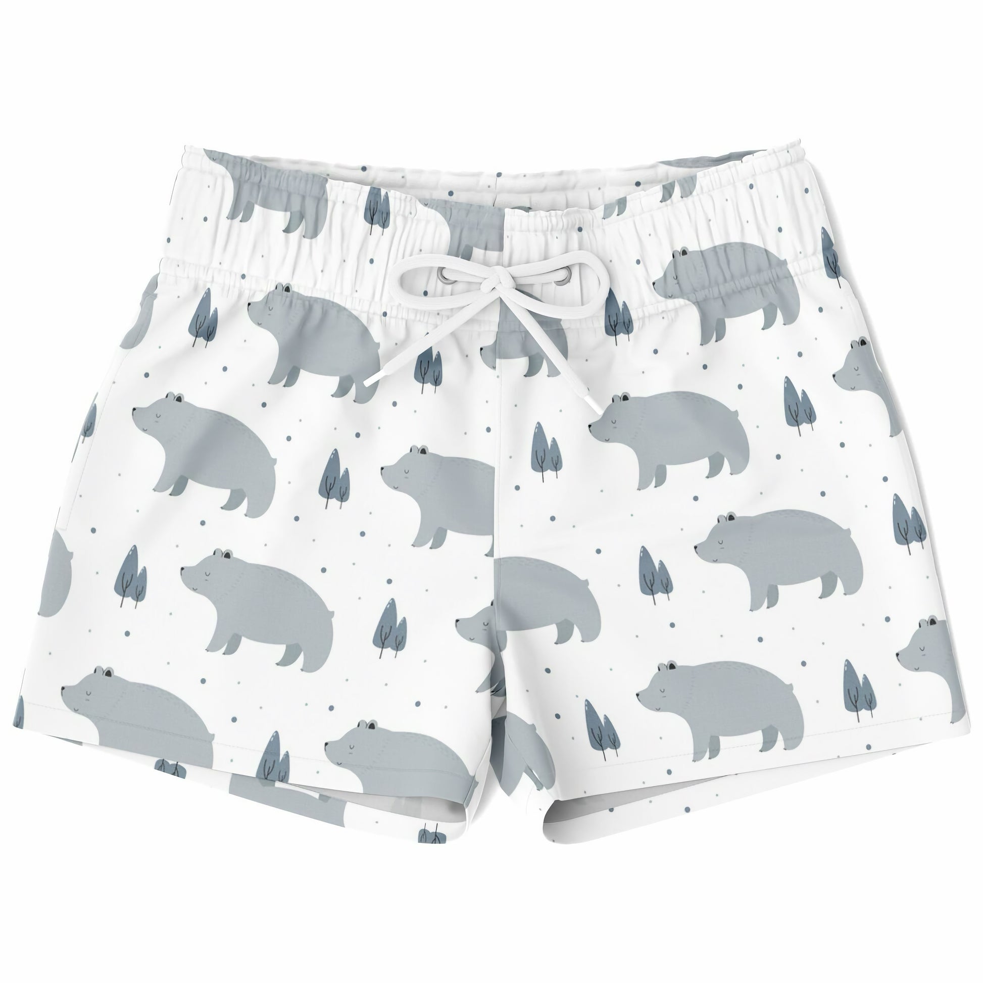 Swim shorts with bear pattern on a white background