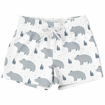 Swim shorts with bear pattern on a white background