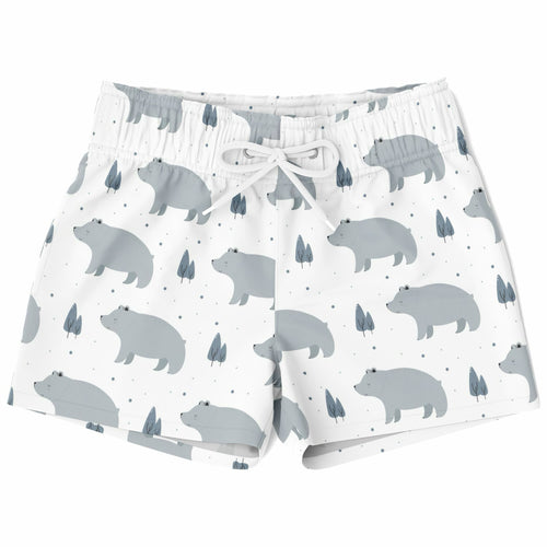 Swim shorts with bear pattern on a white background