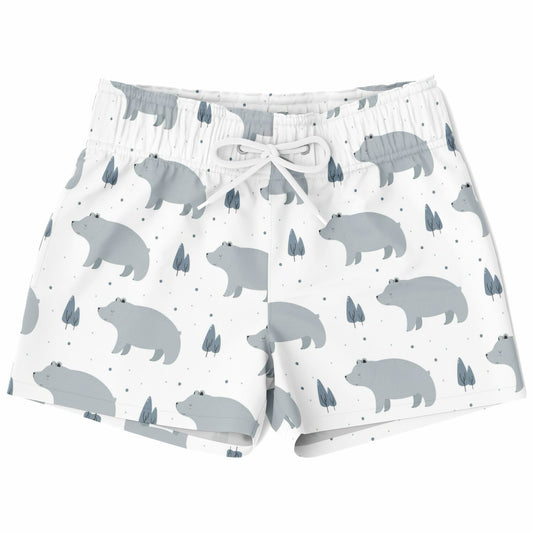 Swim shorts with bear pattern on a white background