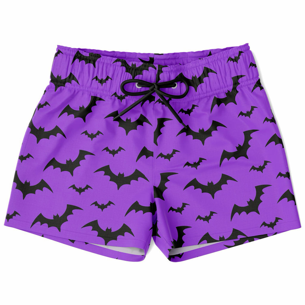 Boys purple quick drying swim trunks with black bat pattern and drawstring waistband for Halloween use