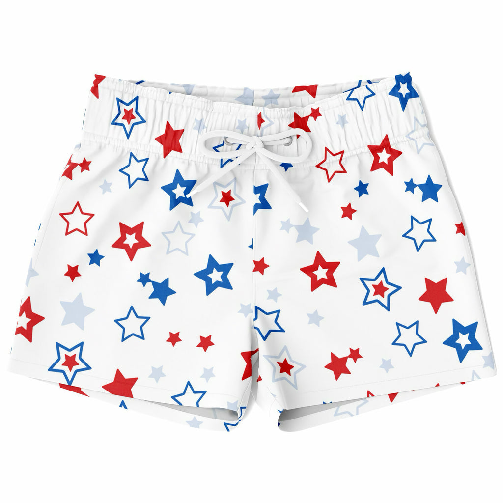 Boys red white and blue star quick drying swim trunks in white with red blue and light gray star pattern