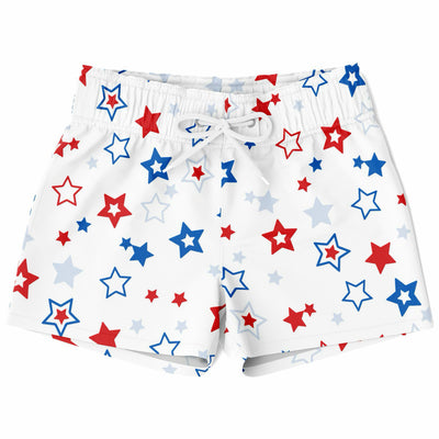 Boys red white and blue star quick drying swim trunks in white with red blue and light gray star pattern